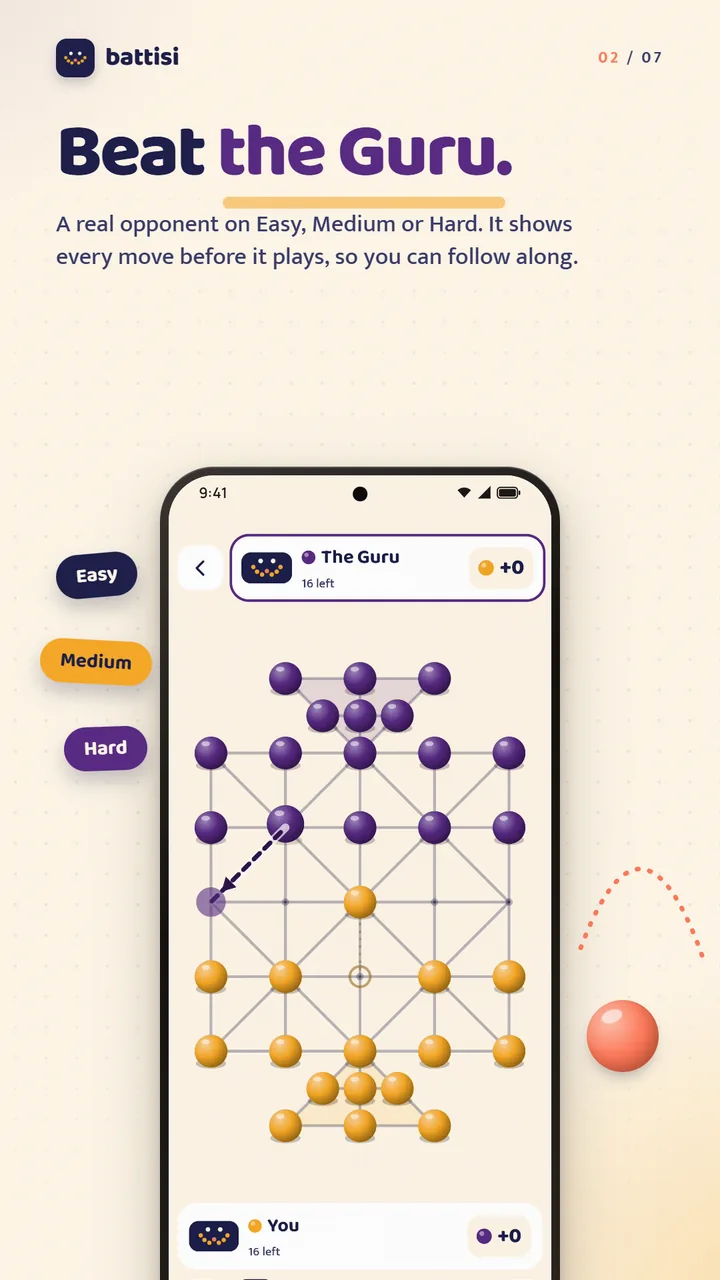 Playing the Guru, with a dashed arrow showing its next move
