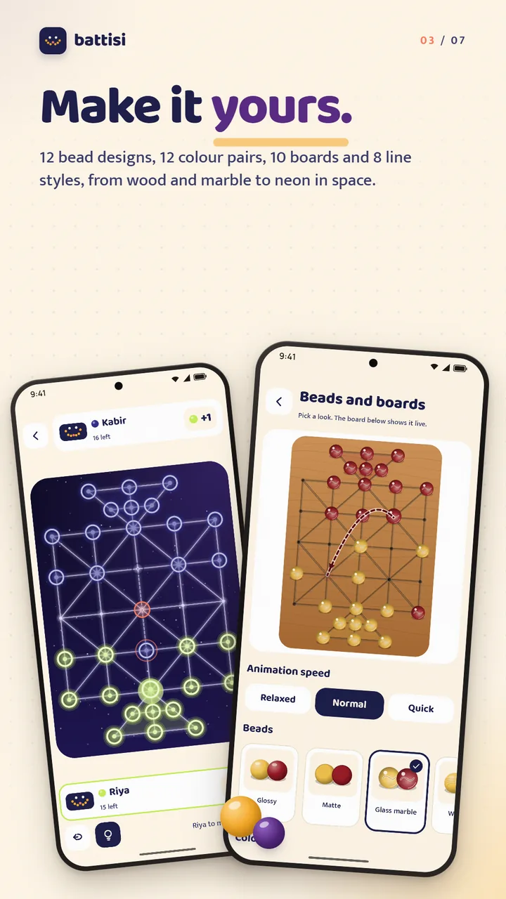 A neon space board and the Beads and boards screen