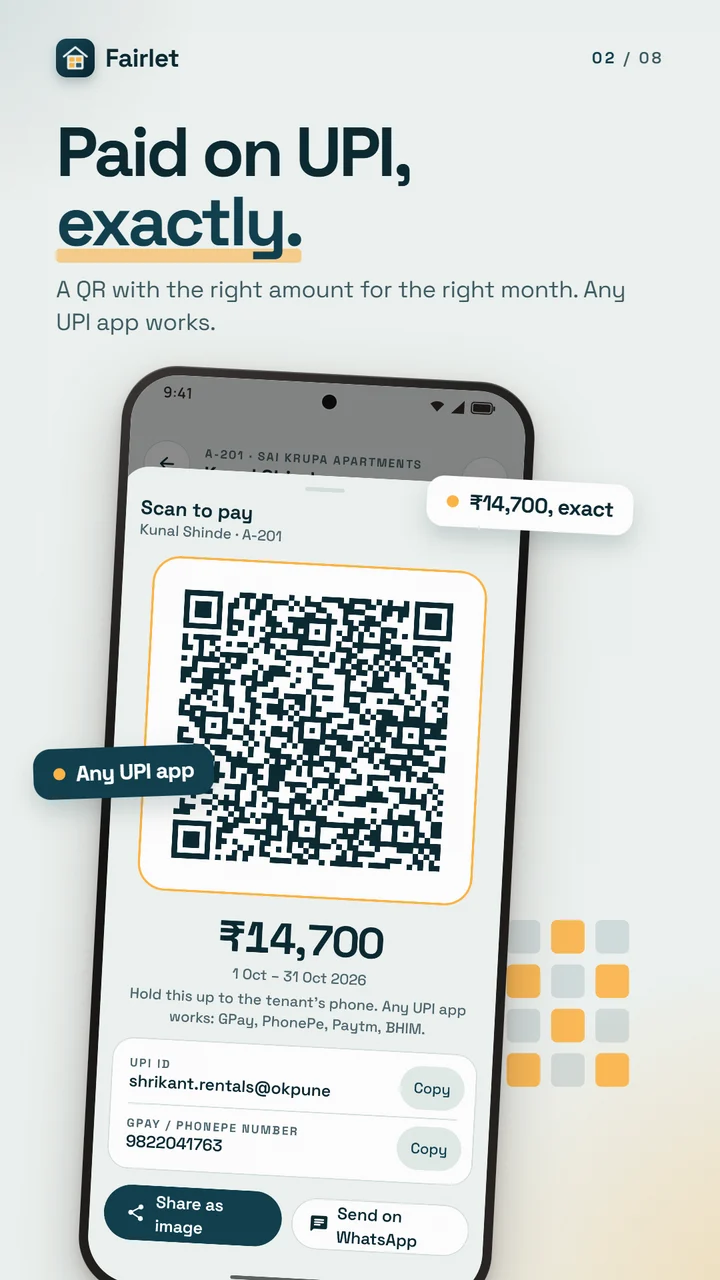 A UPI QR for the exact rent, ₹14,700