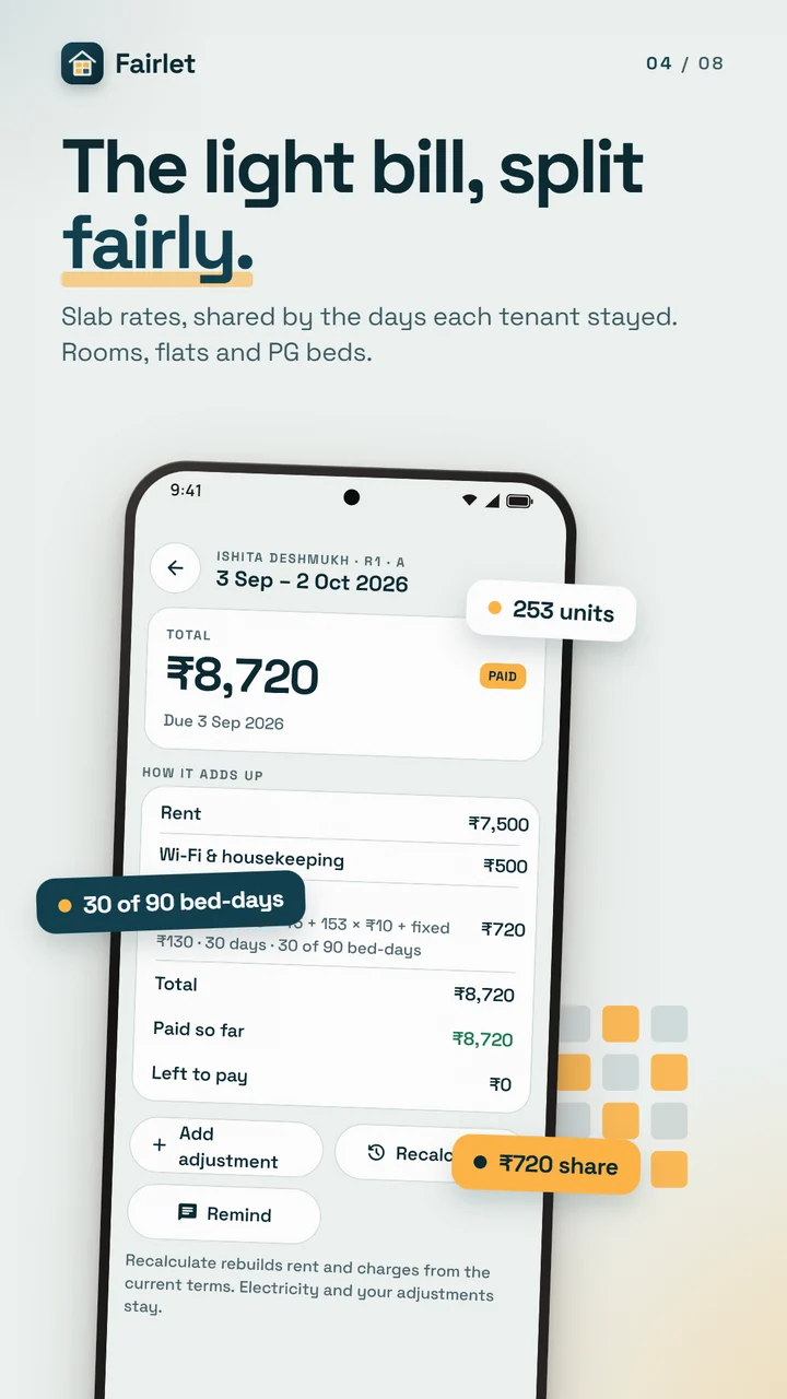 A PG bill with the electricity split by bed-days