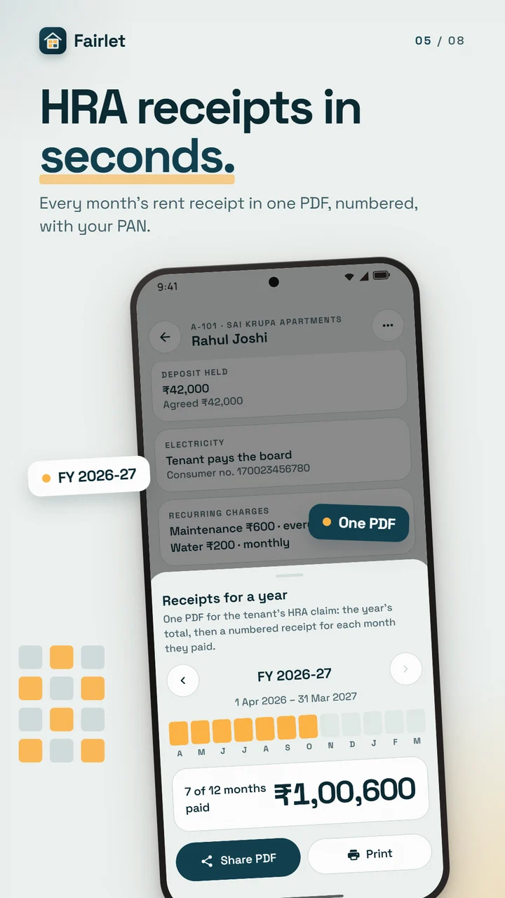 Rent receipts for the financial year in one PDF
