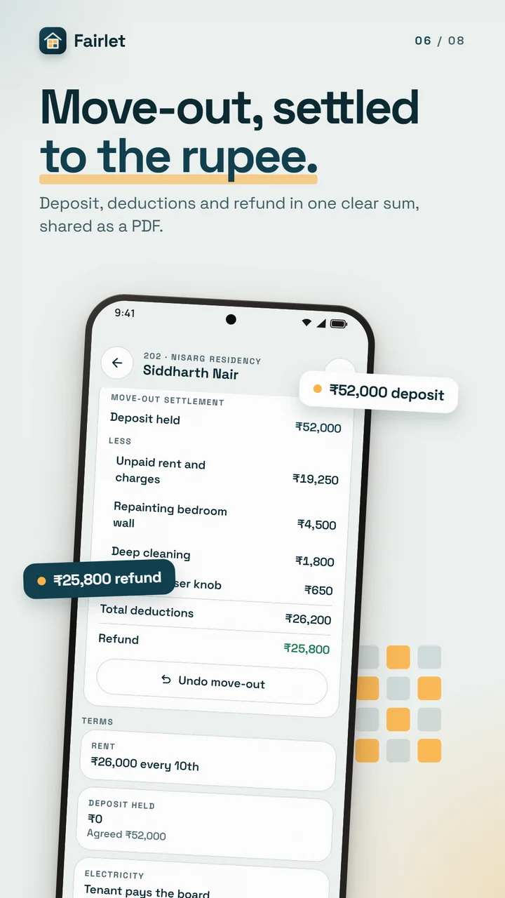 Move-out settlement: deposit, deductions and refund
