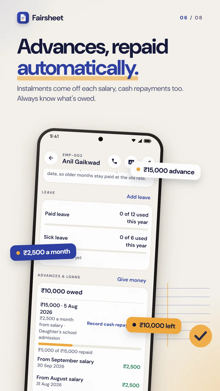 A ₹15,000 salary advance repaid ₹2,500 a month