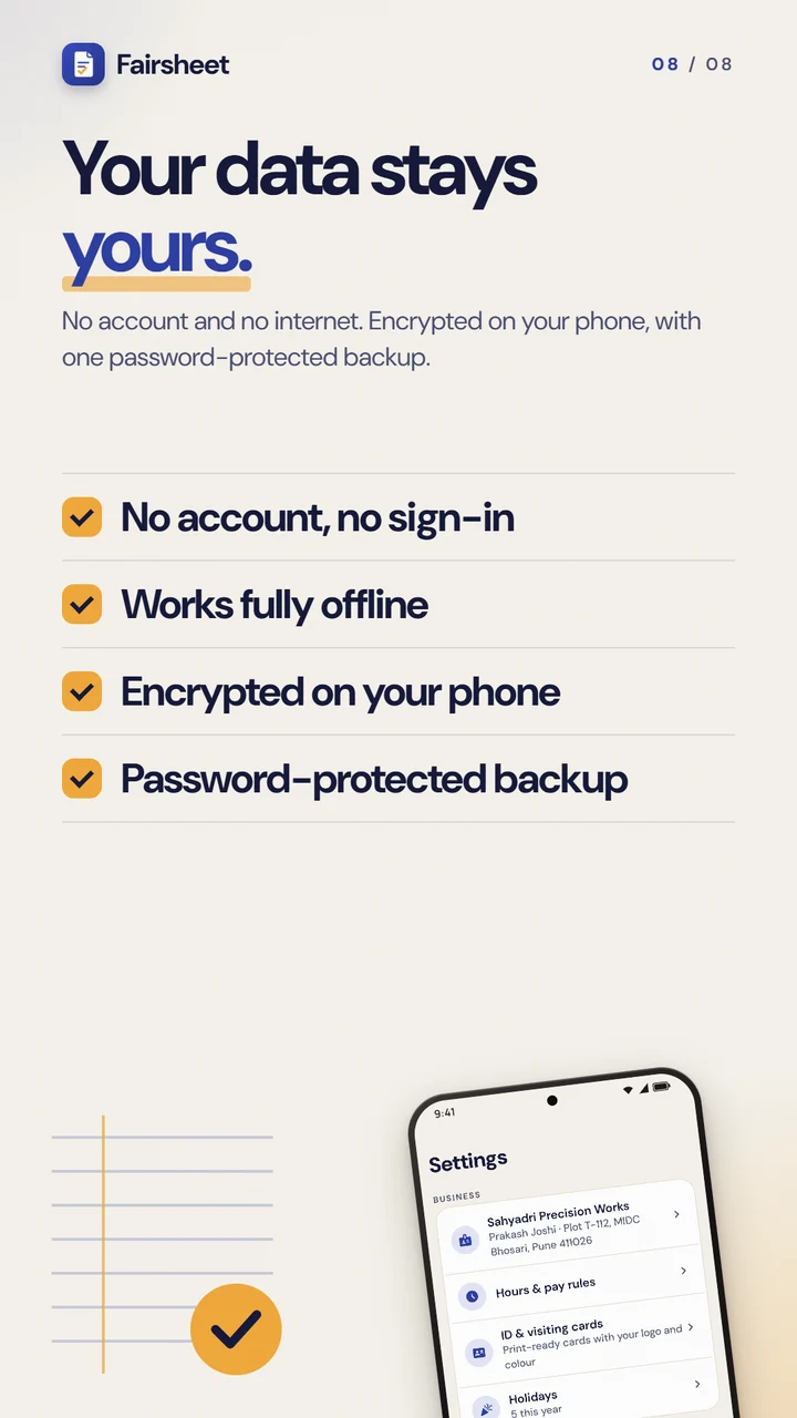 No account, works offline, encrypted, password-protected backup