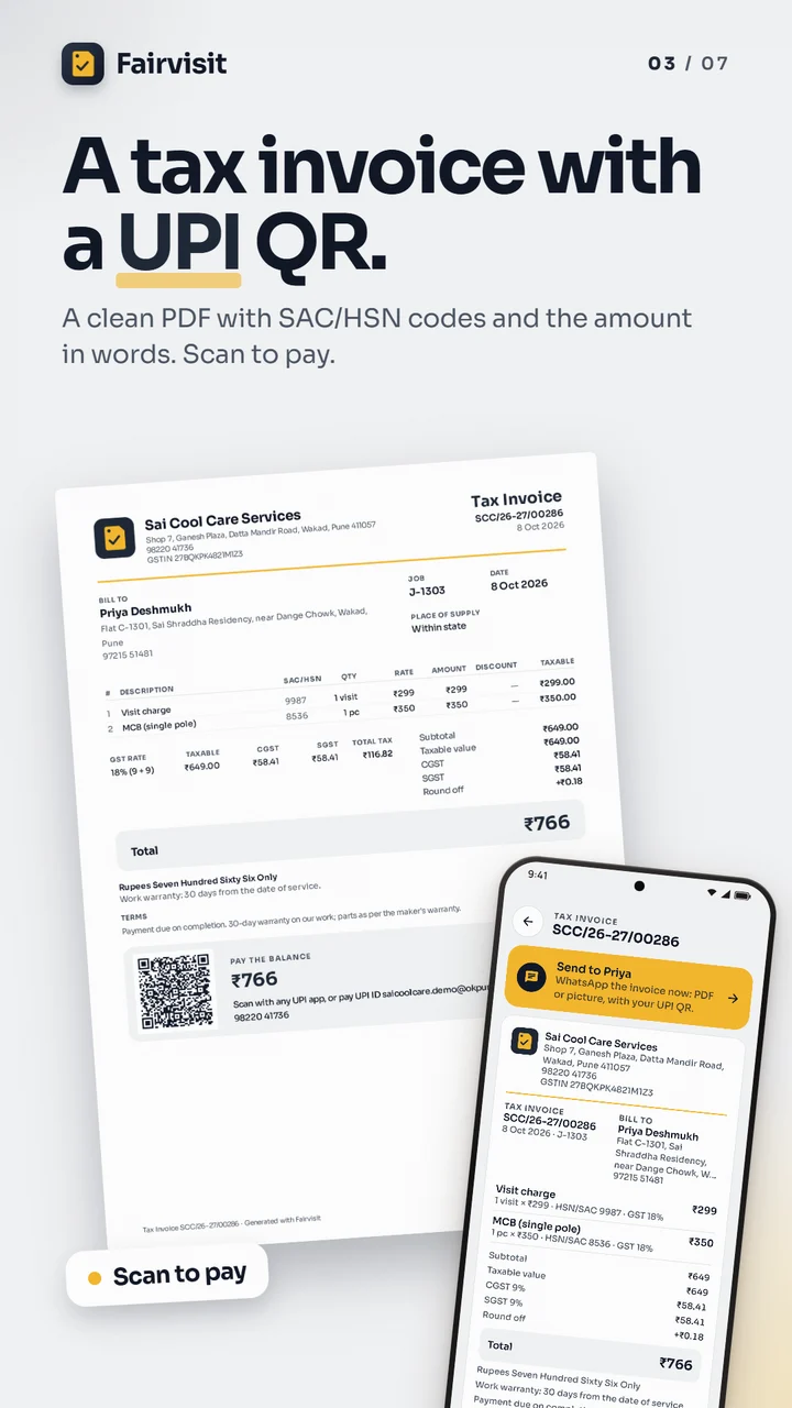 A tax invoice PDF with a UPI QR to scan and pay