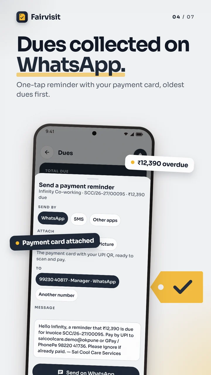 A WhatsApp payment reminder with the payment card