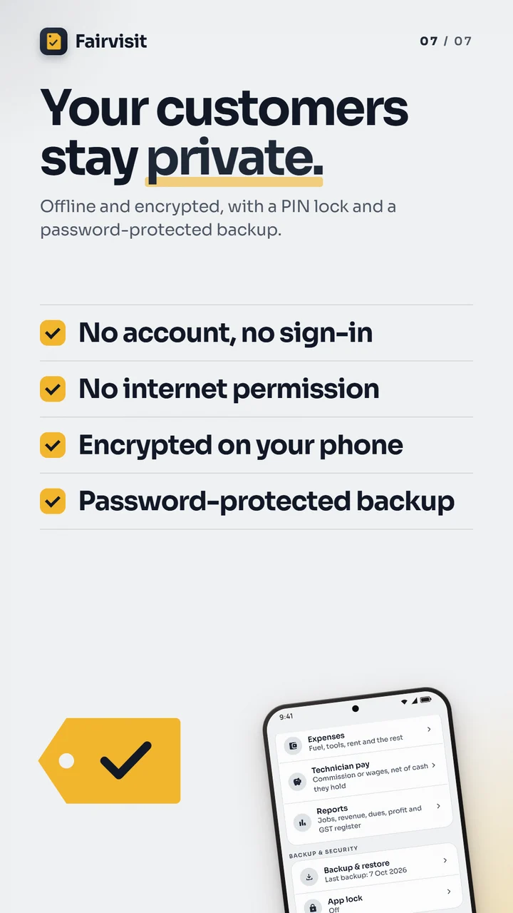 No account, no internet permission, encrypted backup