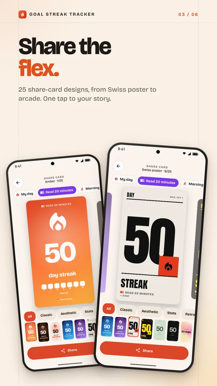 Streak share cards in different designs