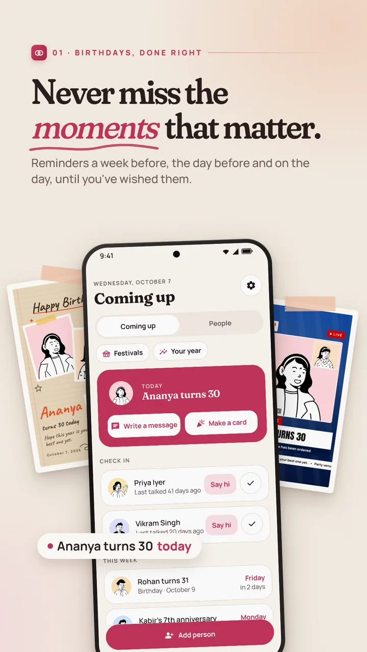 Oftnly home screen: today's birthdays and the next reminders